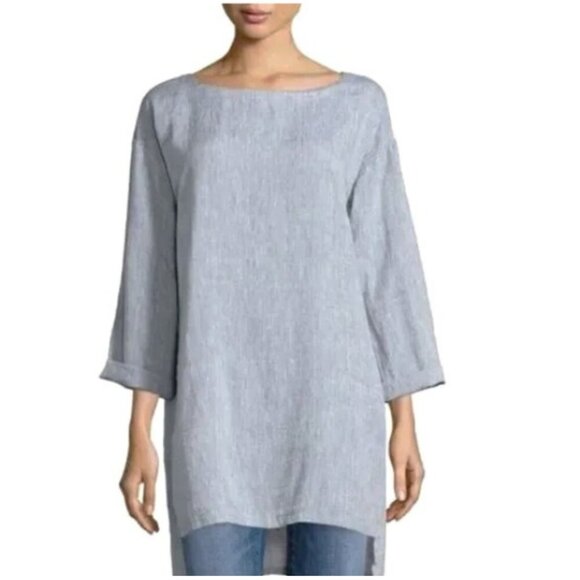 Eileen Fisher Top Women's Large Blue/Grey Organic Linen Chambray Split Hem - Picture 14 of 14